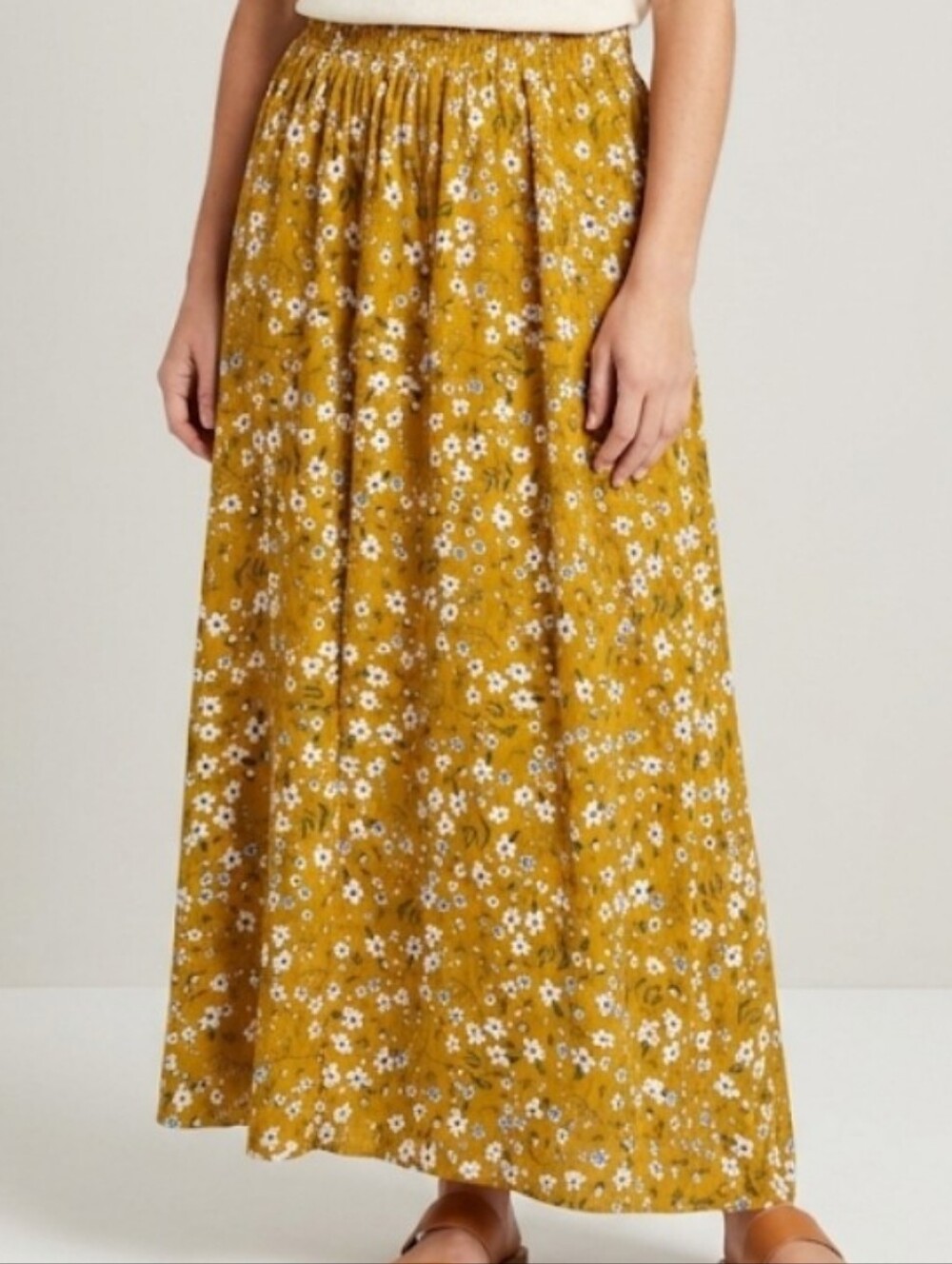 Mustard Floral Maxi Skirt with Elastic Waistband
